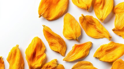 Naklejka premium Bright Yellow Dried Petals on White Background for Creative and Decorative Use in Design