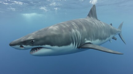 Naklejka premium A great white shark swims gracefully under the ocean, showcasing its powerful body and sharp teeth in a vibrant blue marine environment.