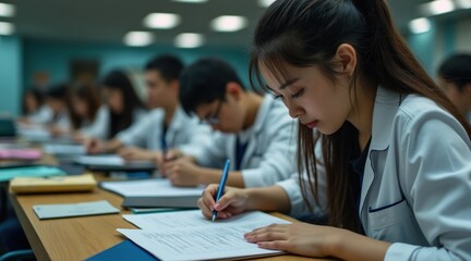 Students in a classroom focus intently while writing notes, showcasing a dedicated learning environment.