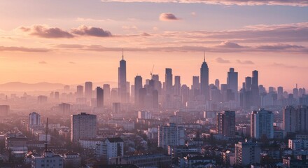 Fototapeta premium Urban Sunrise: Cityscape at Dawn - A hazy sunrise bathes a sprawling city in soft pastel hues. Concepts: urban growth, hope, new beginnings, tranquility, modern architecture