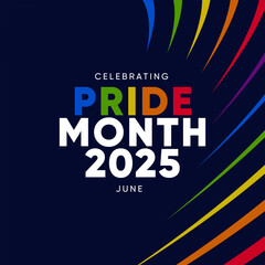 Pride Month Banner With Rainbow Gradient Ribbon Background. Celebrating Pride Month Web Banner Design. Trendy Pride Banner with Pride Month Text and Colorful Rainbow.