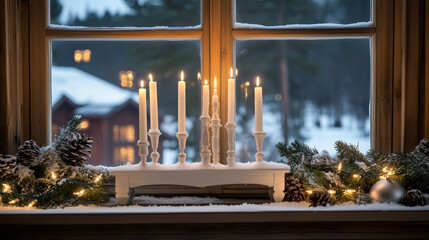 By a wooden window dusted with snow, a traditional Swedish Christmas candlestick bridge with glowing white lights brings cozy seasonal charm.

