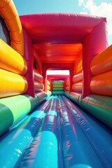 Colorful inflatable structure with vibrant entrance, colorful, kids