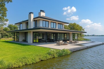Modern lakeside villa features expansive glass design and tranquil surroundings for outdoor relaxation