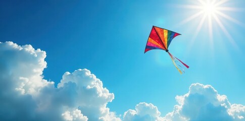 Colorful kite soaring above bright blue sky with fluffy white clouds and sun shining down on it, cloud, wing