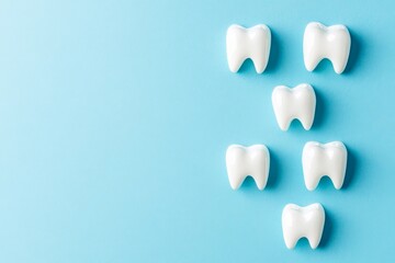 Obraz premium The image of white healthy teeth on a blue background with copy space represents dental care, including aspects such as teeth whitening, restoring teeth, and installing dental implants, all of which