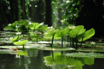 Lush green lily pads floating in tranquil water during a sunny day in a tropical wetland