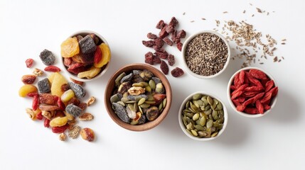 Diverse Selection of Healthy Nuts and Dried Fruits in Bowls on White Background