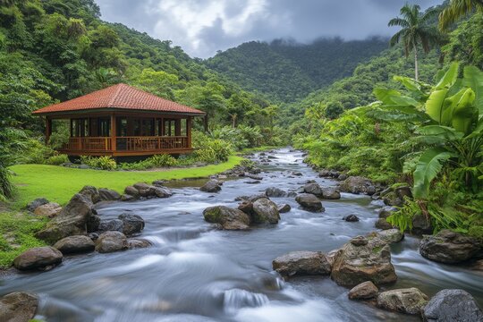 Relaxing cabin by a serene river surrounded by lush greenery in a tropical rainforest