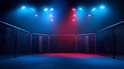 Empty octagon MMA cage with red and blue neon lights.