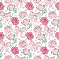 Pink Peony Seamless Pattern. Vector Rose Flower Coquette Seamless Pattern. Flowers and Leaves. Vintage Floral Background. Shabby chic Wallpaper. Millefleurs Liberty Style Design.