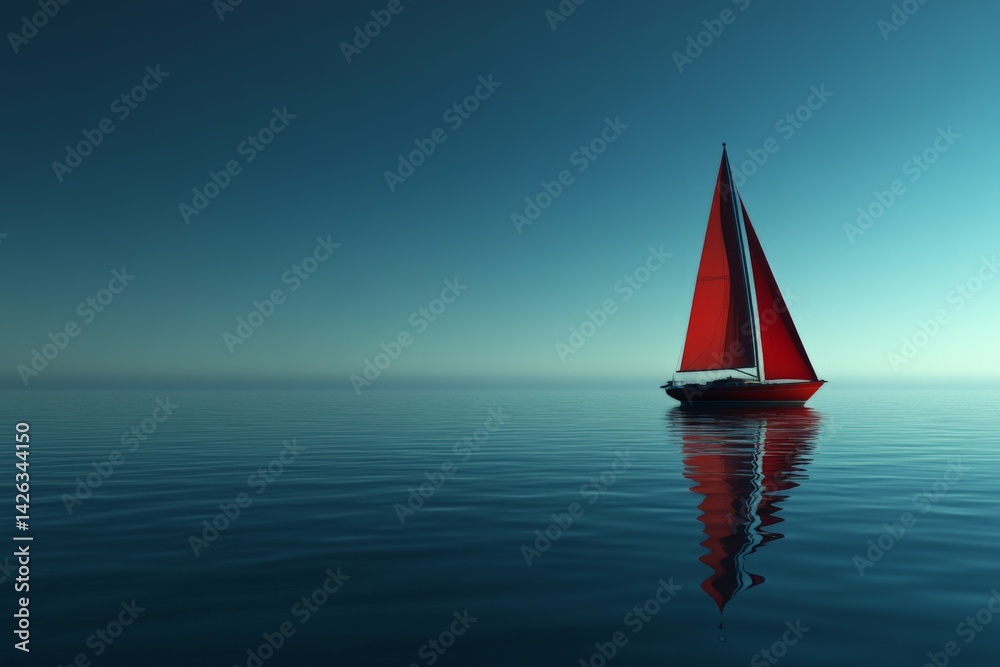 Aufkleber sailing on calm waters at dawn with a vibrant red sail reflecting in the still ocean