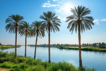 Fototapeta premium Serene river landscape with palm trees reflecting a sunny afternoon in a tranquil oasis setting