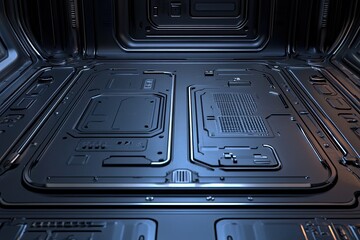 Futuristic metallic room interior; dark, sleek panels, technical details