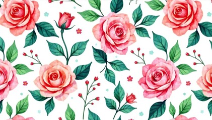 Delicate watercolor roses & leaves, repeating pattern, stems, illustration, nature