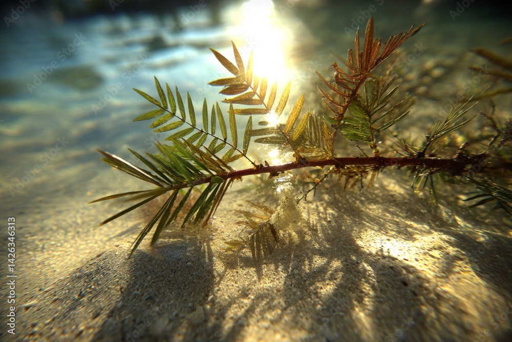 Poster sunlight reflecting on water with aquatic plants in a serene underwater setting during the day