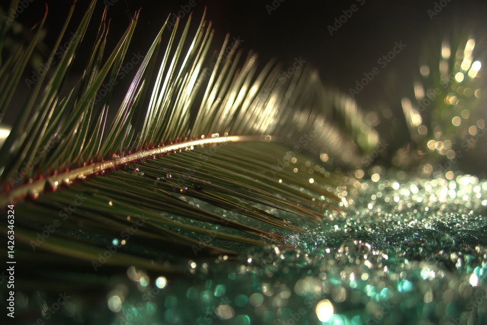 Poster sparkling water droplets on palm leaves at dawn create a serene tropical atmosphere