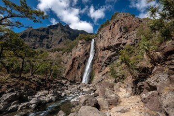 Impressive waterfall cascading down rocky cliffs in a lush valley surrounded by tropical greenery