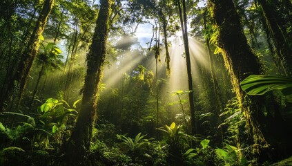 Obraz premium Sunbeams pierce through dense rainforest canopy, illuminating lush green foliage and moss-covered trees