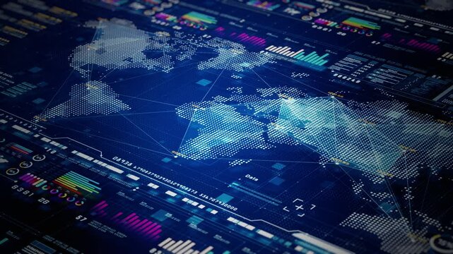 High-tech digital world map features data points, graphs, and global network connections. Technology digital big data and data analytics, Technology abstract background