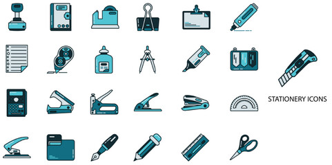 Stationary simple concept 24 color icons set. Contains such eraser, supply, white, book, paper .Vector illustration.
