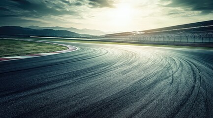 Winding race track asphalt curves under dramatic sky