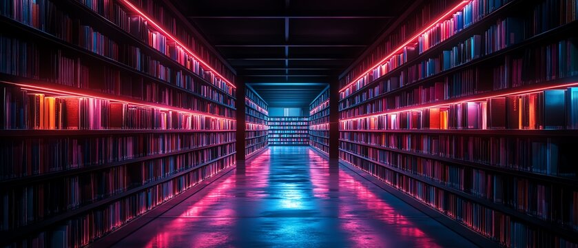 Neon-lit library corridor. Bookshelves glowing with vibrant pink and blue light. Knowledge, education, reading.