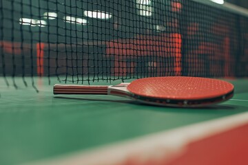 Red ping pong paddle rests on green table, net in background