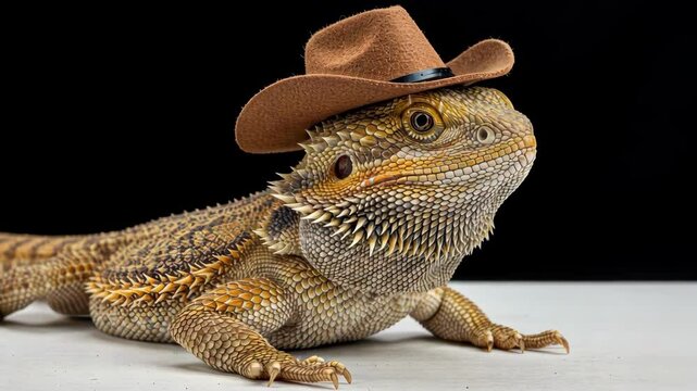 A bearded dragon wearing a cowboy hat, exuding playfulness.
