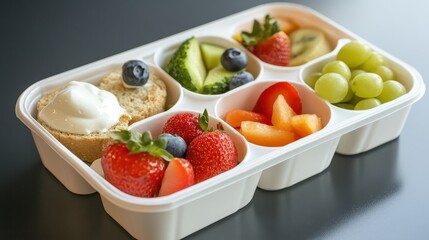 Wholesome kids meal box with fresh fruit, whole grain sandwich, and dairy-free yogurt, healthy and fun nutrition for children.