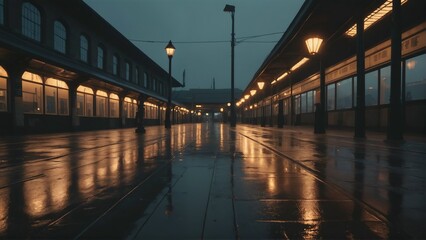 Train station at dusk with glowing lanterns, old-fashioned design, romantic vibes, rain-soaked ground reflections, moody aesthetic, 8K