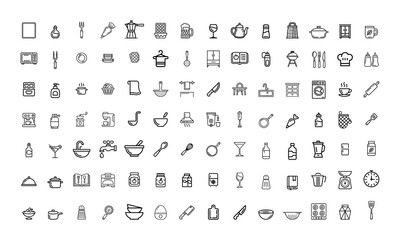 Set of black and white icons for kitchen, cooking, and food items illustration.