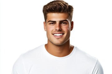 Fototapeta premium Closeup of a young man with healthy teeth smiling against a white background