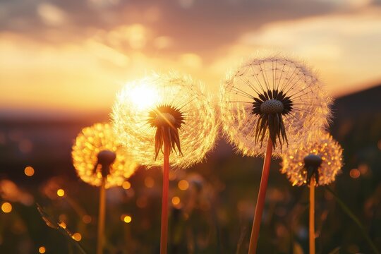 Dandelions at Sunset.  Golden light illuminates fluffy dandelion seeds against a beautiful sunset sky - Powered by Adobe
