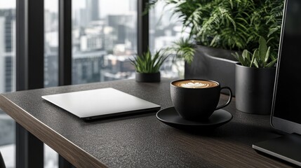 Obraz premium Sleek minimalist workspace, laptop and coffee cup on a textured grey desk, modern and aesthetic