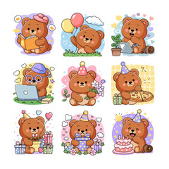 Cute cartoon teddy bears in various activities: reading, celebrating birthdays, using a laptop, holding gifts and flowers, enjoying pizza and balloons.