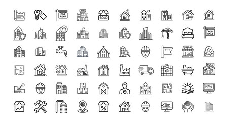 Set of black and white icons for real estate, construction, and home services illustration.