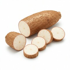 Close-up of a whole and sliced yuca root on white background