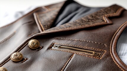 Close-up view of a brown leather vest with buttons and zipper pocket detail