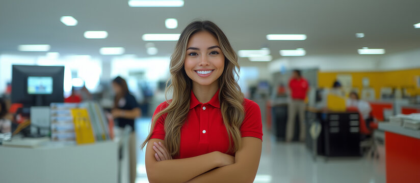Confident hispanic woman in red polo shirt uniform smiling in bank office, customer service concept