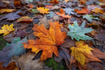 Vibrant autumn leaves cover the ground in a colorful display of nature's beauty during fall season