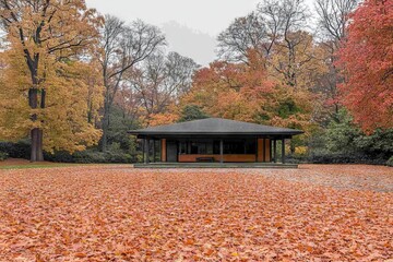 Modern architectural structure surrounded by vibrant autumn foliage in a tranquil park setting
