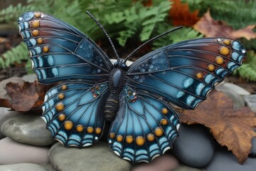 Colorful metal butterfly sculpture displayed on a stone surface surrounded by leaves in a natural setting
