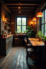 Cozy dimly lit room filled with wooden tables and rustic decor, wine glasses, cozy atmosphere