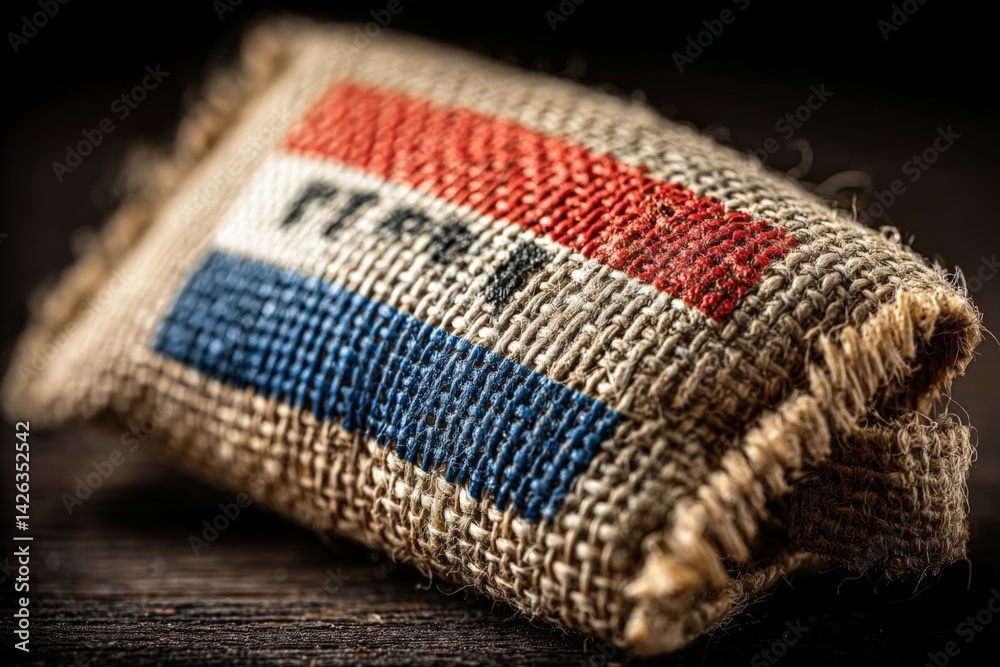 Poster artisanal burlap pouch showcasing vibrant red, white, and blue design with intricate weaving on rust