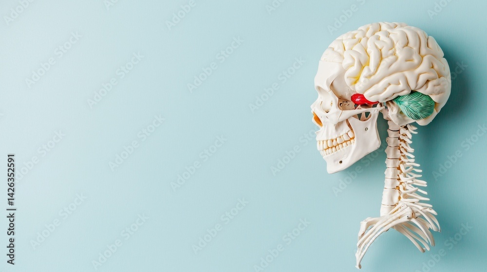 Poster an artificial human skeleton model is displayed against a calming blue background. the model showcas