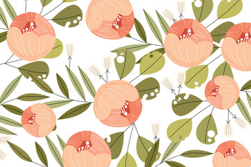 Floral Seamless Pattern with Peach Blossoms and Green Leaves