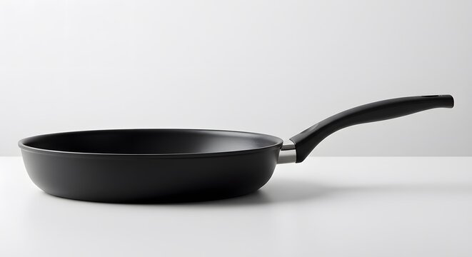 AI image presenting a side profile view of a black non-stick frying pan resting on a clean white table or surface.