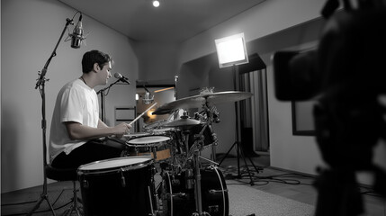 Drummer Recording in a Soundproof Studio for Music Production