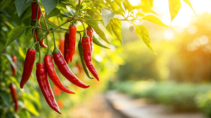 Red Chilies Plant in field, Red Chilli growing in field in natural Background Sunny Day time